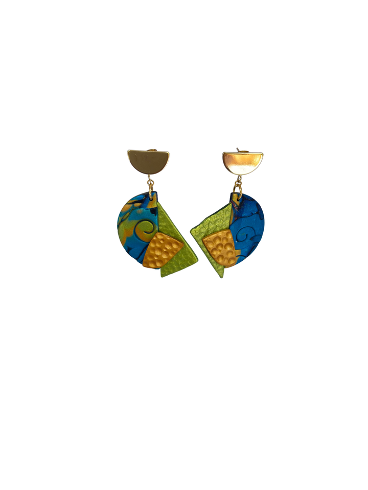 Brincos Vórtice Azul Verde Lima Dourado