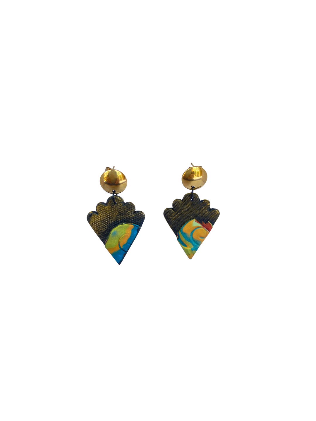 Brincos Mokume-gane Triângulo Negro Dourado